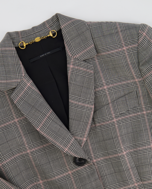 Luxury Gucci Grey Wool Checked Blazer Jacket with Logo Buttons Size IT 38 (UK 6)