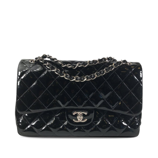 Luxury Chanel Classic Double Flap Jumbo Black Patent Leather Silver