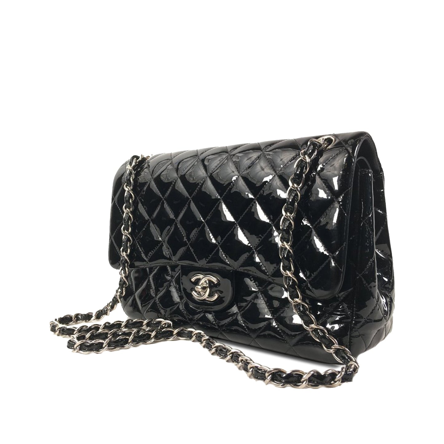 Luxury Chanel Classic Double Flap Jumbo Black Patent Leather Silver