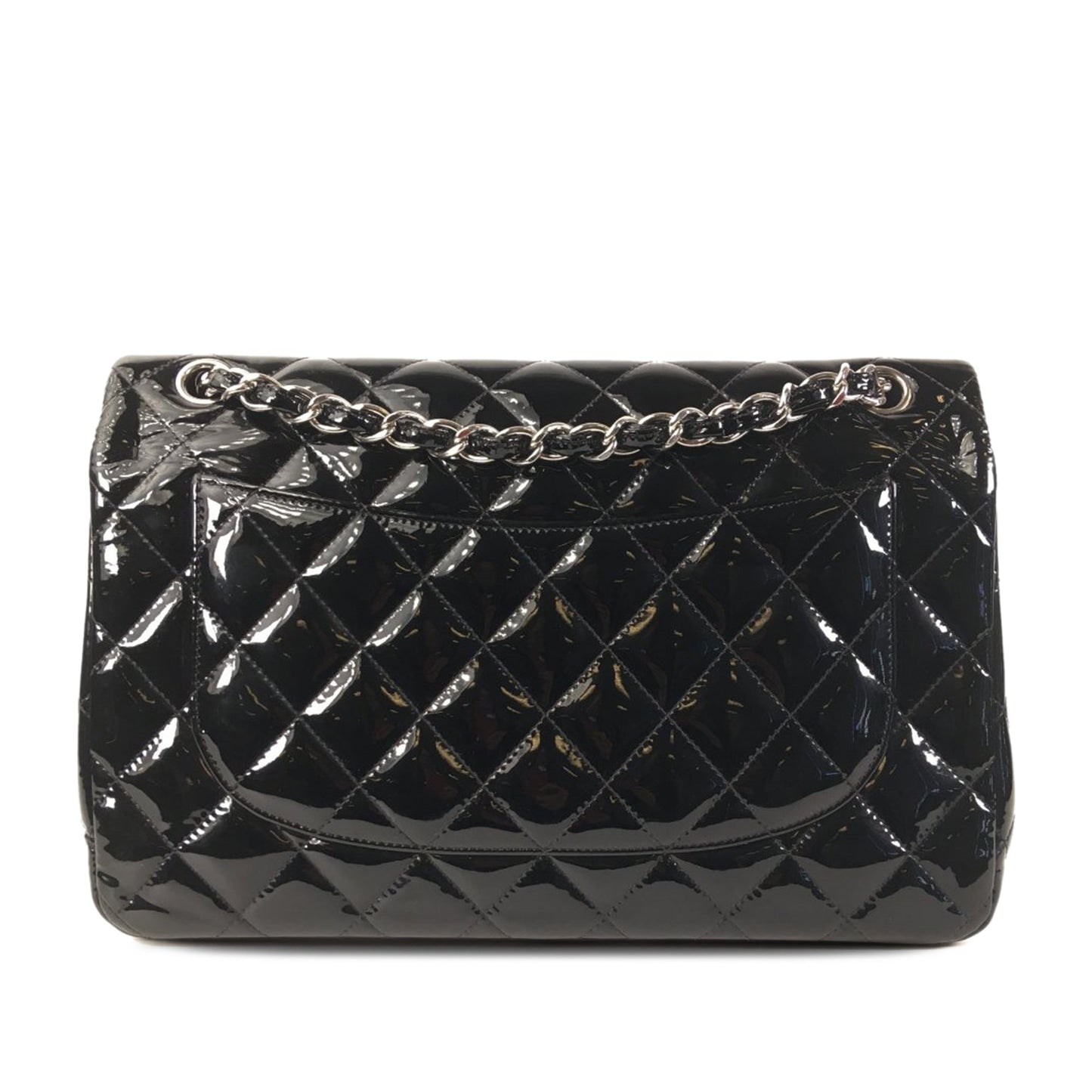 Luxury Chanel Classic Double Flap Jumbo Black Patent Leather Silver