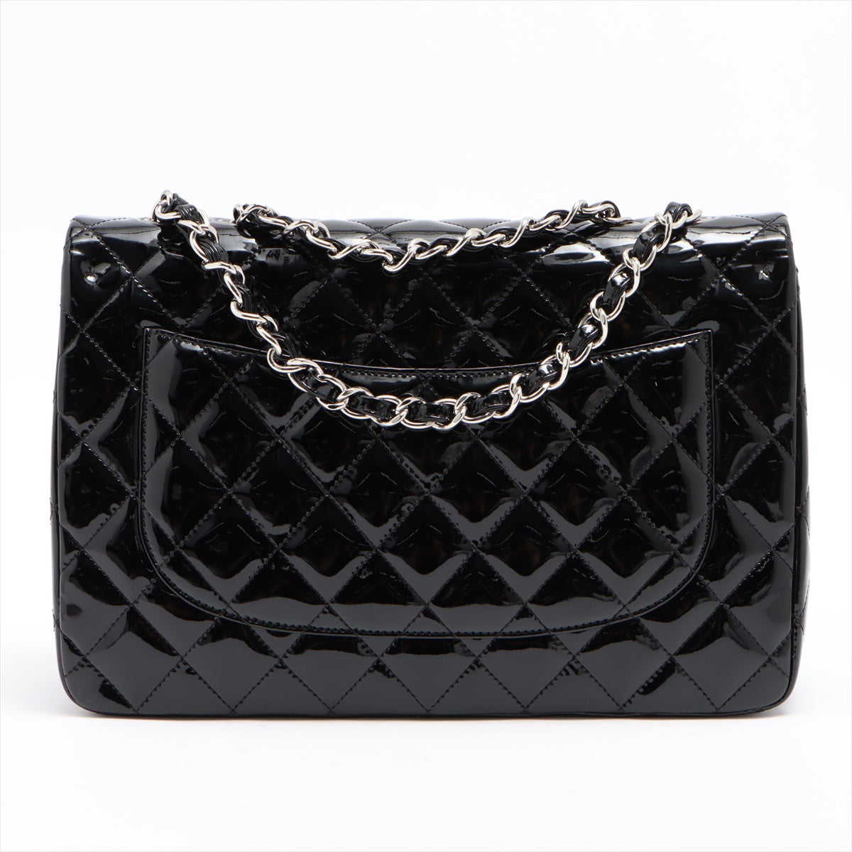 SALE Luxury Chanel Classic Single Flap Jumbo Black Patent Leather Silver