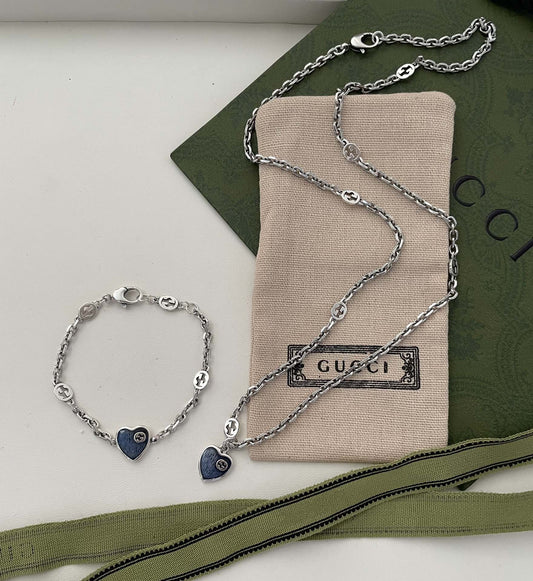 Luxury Gucci GG HEARTS STERLING SILVER BLUE ENAMEL PENDANT NECKLACE