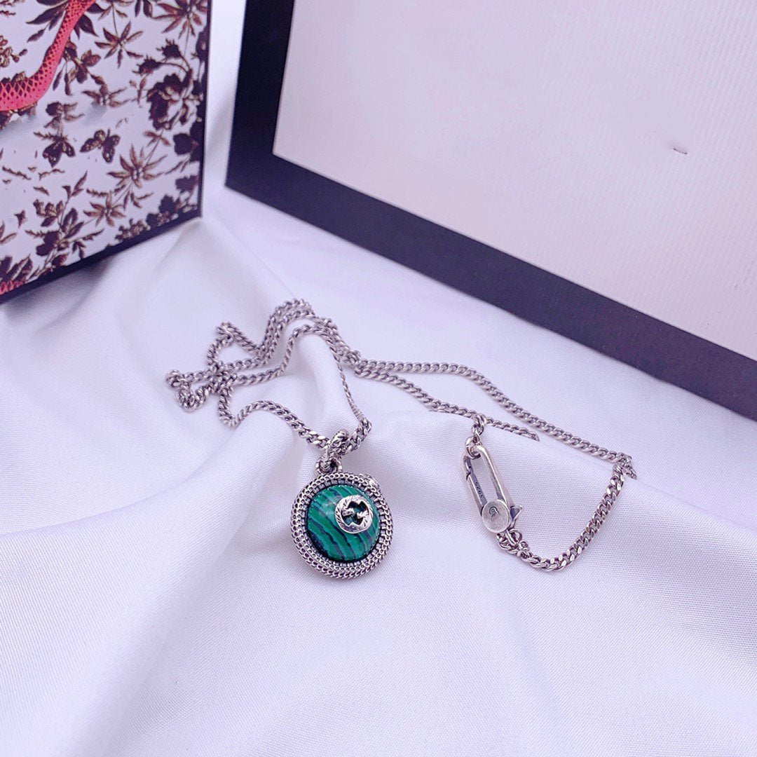Luxury Gucci STERLING SILVER NEW DOUBLE G LOGO SERPENT MALACHITE PENDANT NECKLACE
