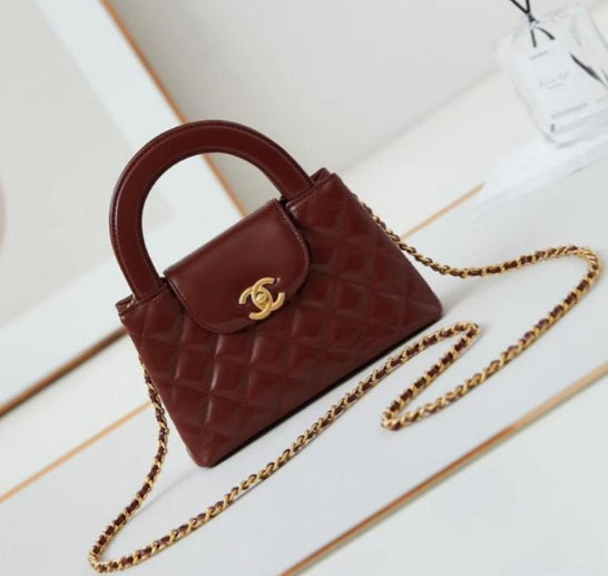 Luxury Chanel 24a nano 19cm kelly shopper bag burgundy lambskin
