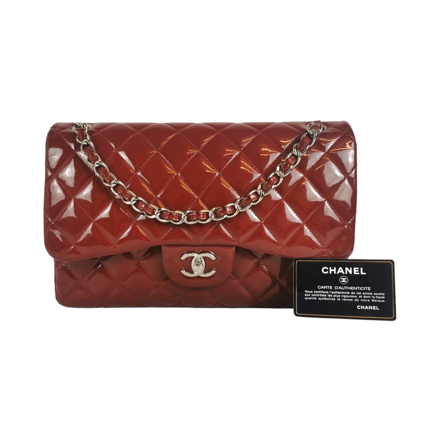 Luxury Chanel Classic Double Flap Jumbo Red Patent Leather Silver