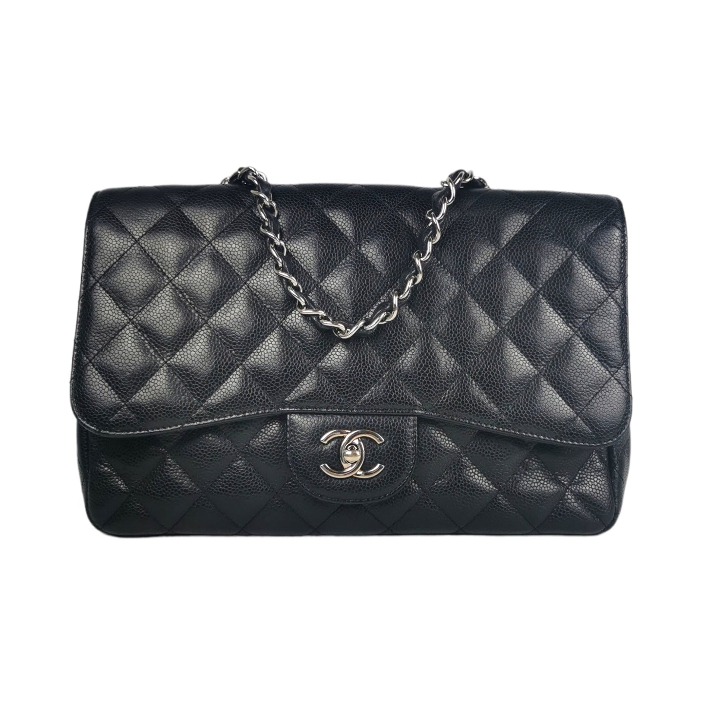 Luxury Chanel Classic Single Flap Jumbo Black Caviar Silver