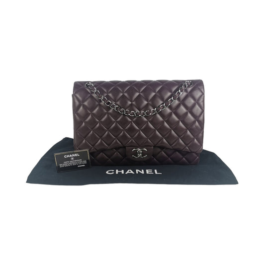 Luxury Chanel Classic Double Flap Maxi Purple Lambskin Silver