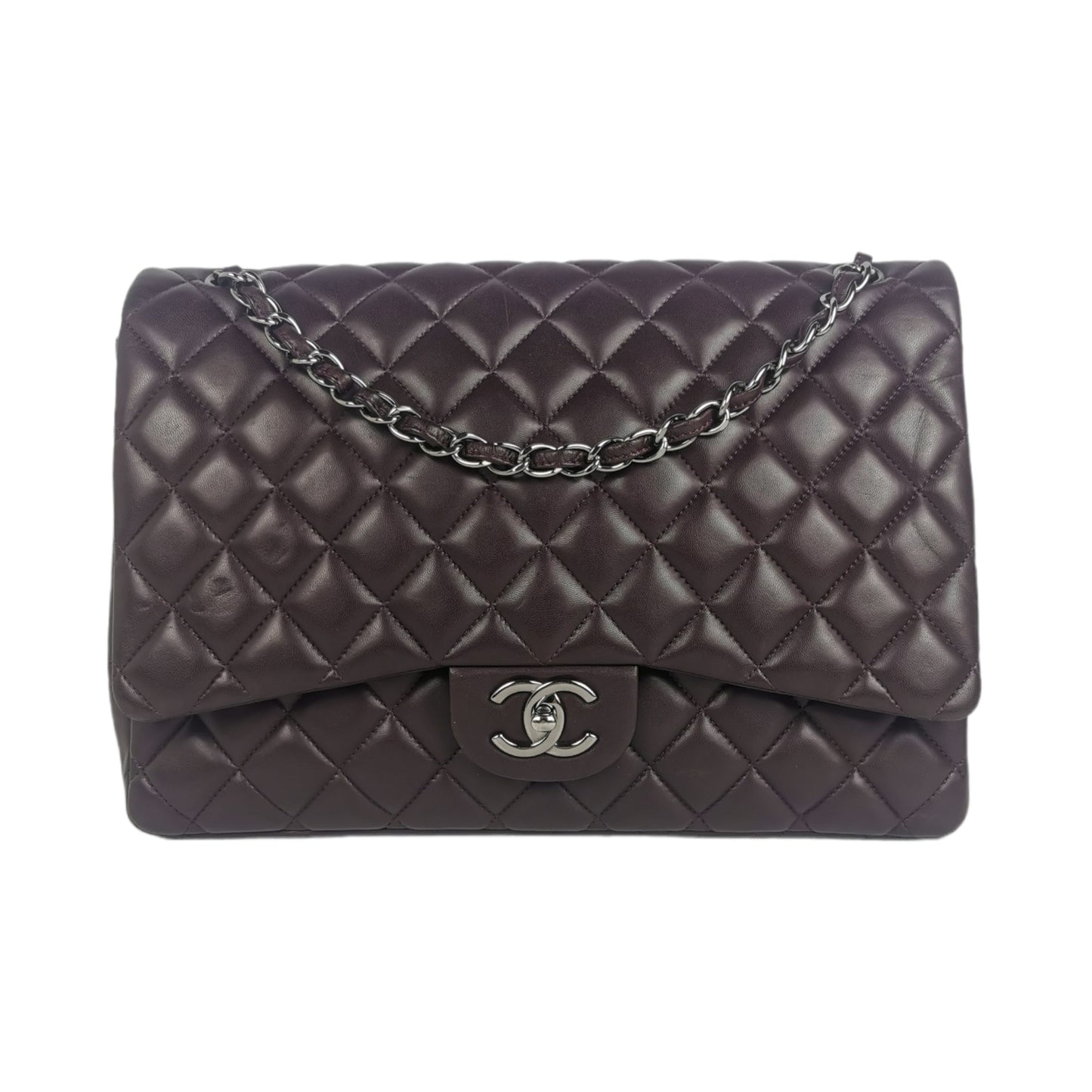 Luxury Chanel Classic Double Flap Maxi Purple Lambskin Silver