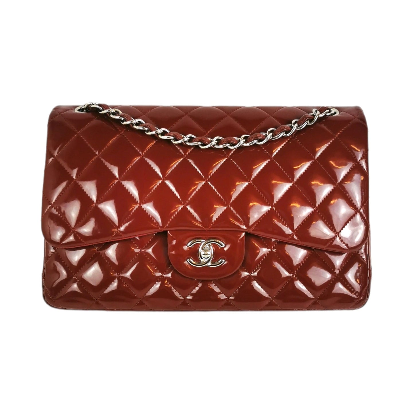 Luxury Chanel Classic Double Flap Jumbo Red Patent Leather Silver