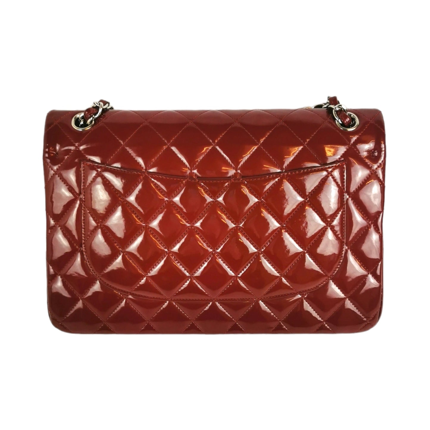 Luxury Chanel Classic Double Flap Jumbo Red Patent Leather Silver