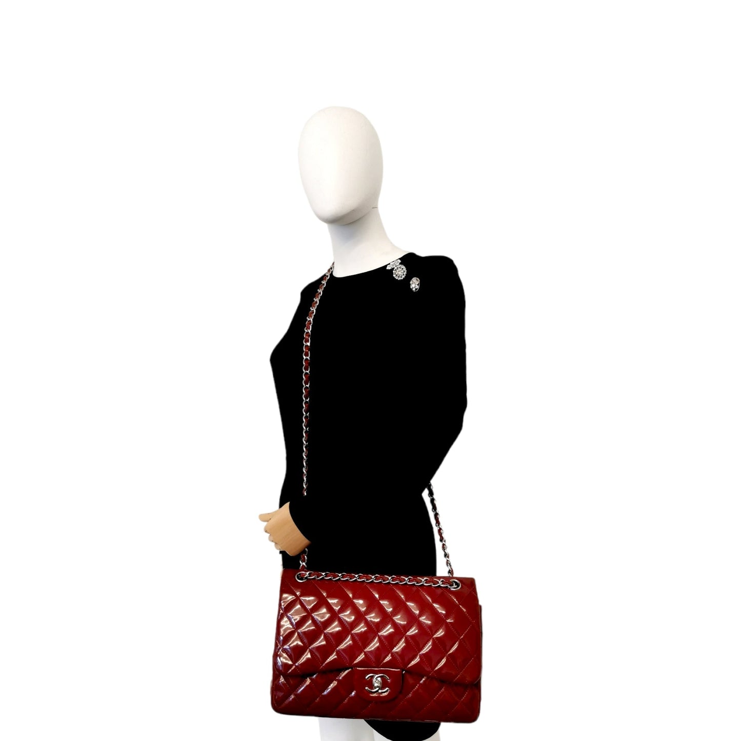 Luxury Chanel Classic Double Flap Jumbo Red Patent Leather Silver
