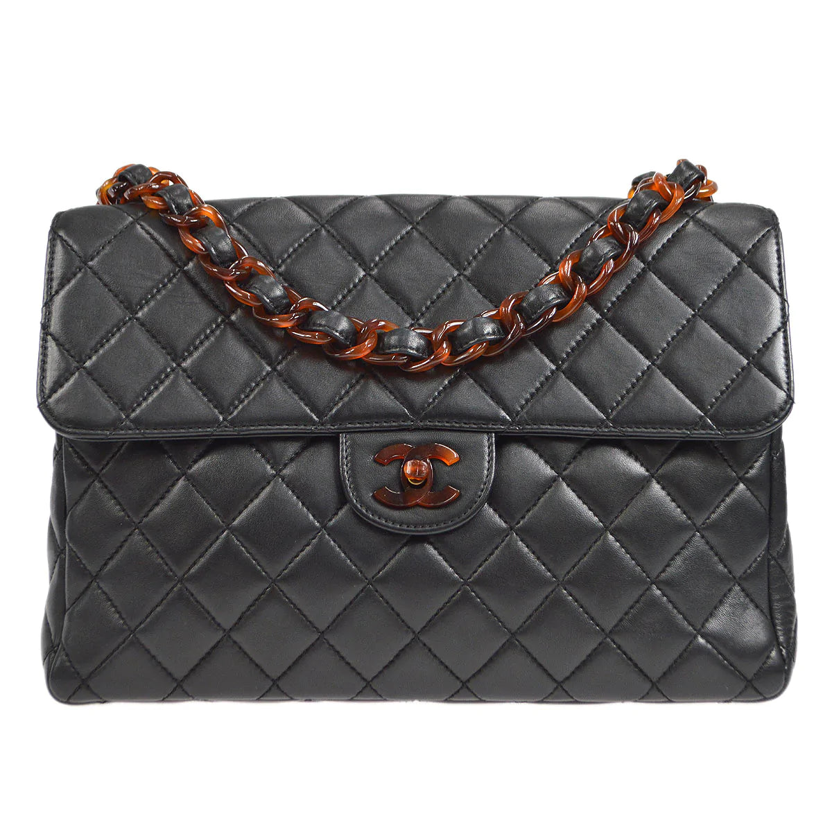 Luxury Chanel 1996-1997 Tortoiseshell Small CC Classic Flap Jumbo Black Lambskin