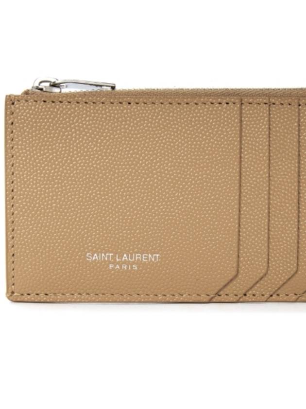 Luxury Saint Laurent Logo Print Pebbled Leather Card Wallet Brown