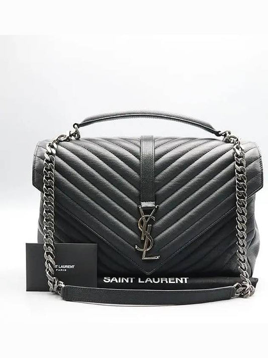 Luxury Saint Laurent 600278 Black leather YSL silver logo decoration COLLEGE large L size tote bag shoulder strap 2WAY