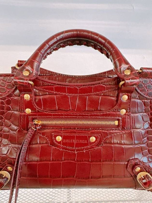 Luxury Balenciaga Women s Burgundy Neo Classic Croc Calf Leather Mini City Bag 638524 23EF1 6526