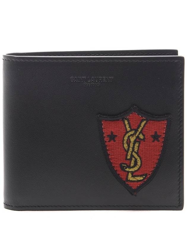 Luxury Saint Laurent Embroidery Shield Logo Half Wallet Black