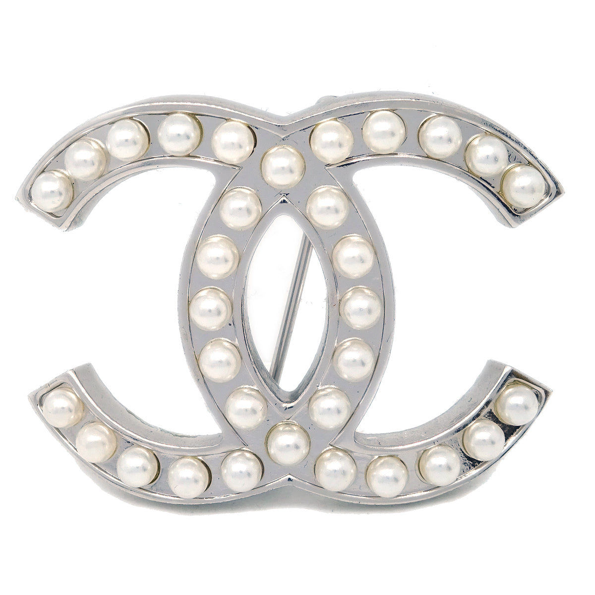 Chanel Artificial Pearl Brooch Pin Silver