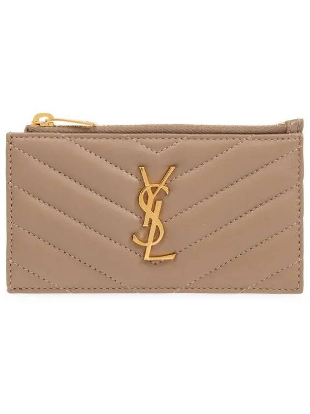 Luxury Saint Laurent Monogram Logo Plaque Zip-Up Card Wallet Dusty Grey