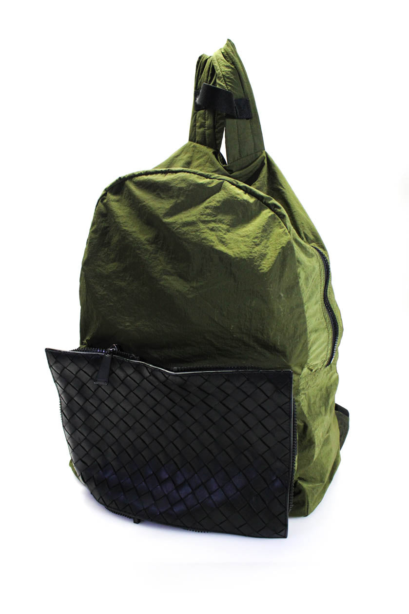 Luxury Bottega Veneta Womens Black Green Intrecciato Packable Backpack Bag Handbag