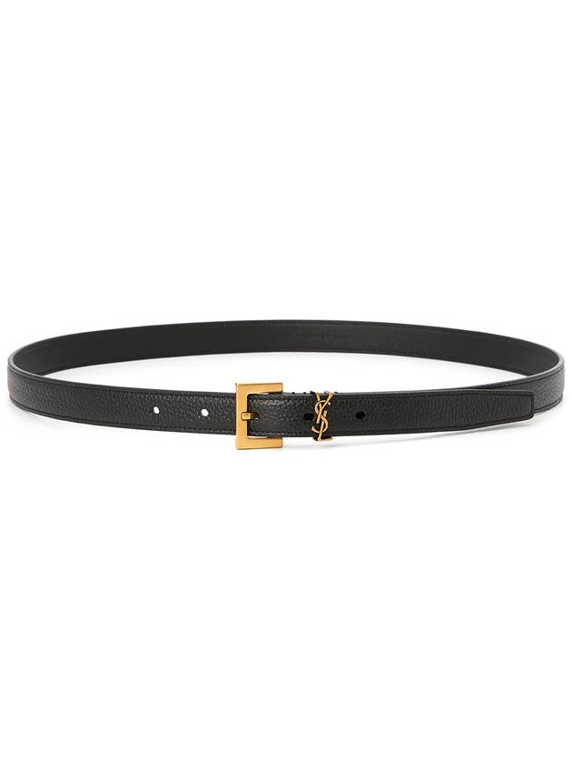 Luxury Saint Laurent Cassandre Grained Leather Square Buckle Thin Belt Black