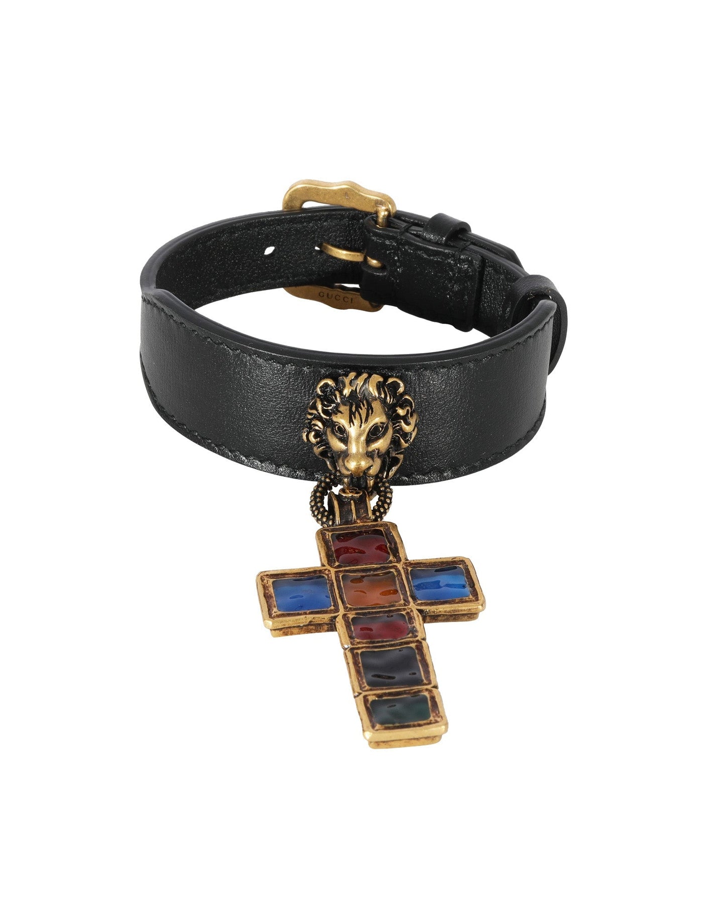 Luxury Gucci Trending 2025 Leather Lion Head & Jewel Toned Cross Gold-Tone Bracelet