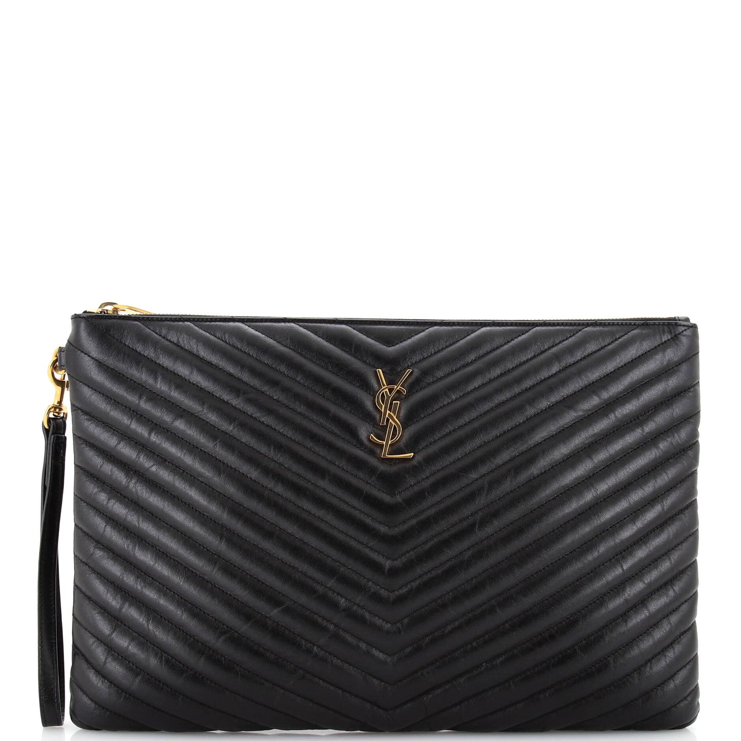 Luxury Saint Laurent Classic Monogram Wristlet Pouch Matelasse Chevron Leather Large