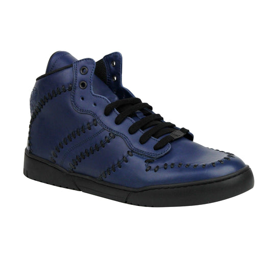 Luxury Bottega Veneta Men's Woven Detail Hi Top Stitched Leather Sneakers