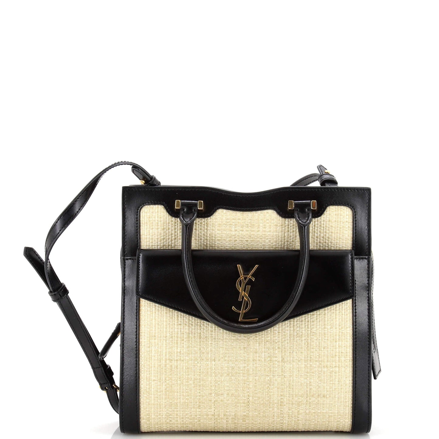 Luxury Saint Laurent Uptown Tote Raffia with Leather Small