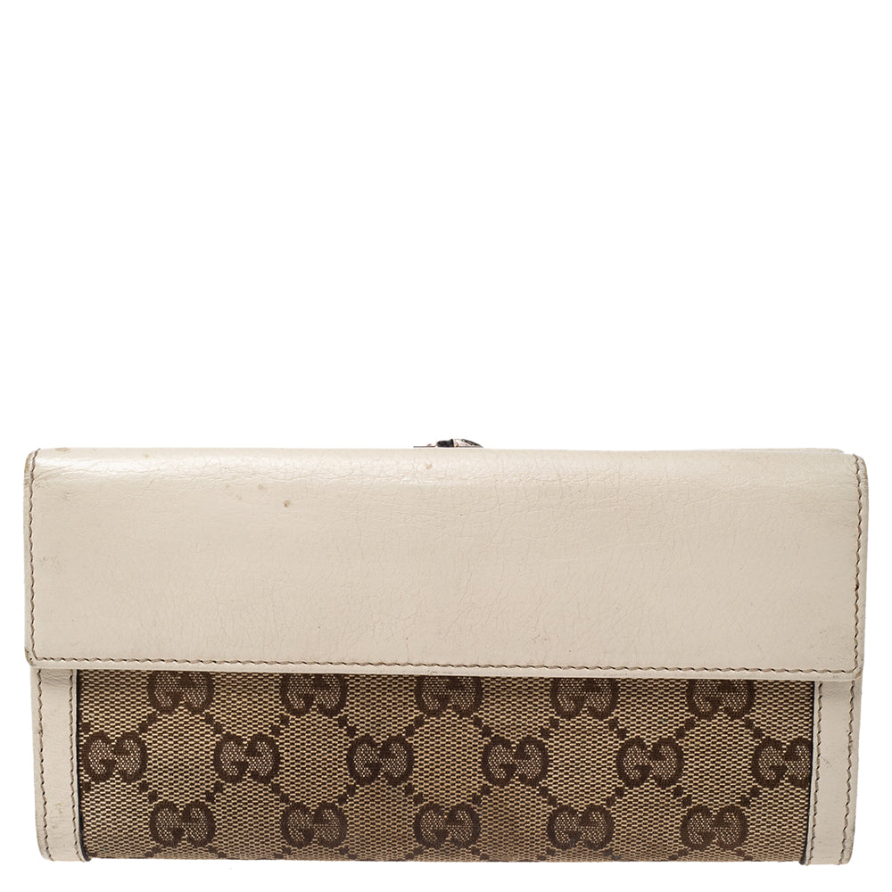 Luxury Gucci Trending 2025 White/beige Gg Canvas And Leather G Bit Flap Continental Wallet..