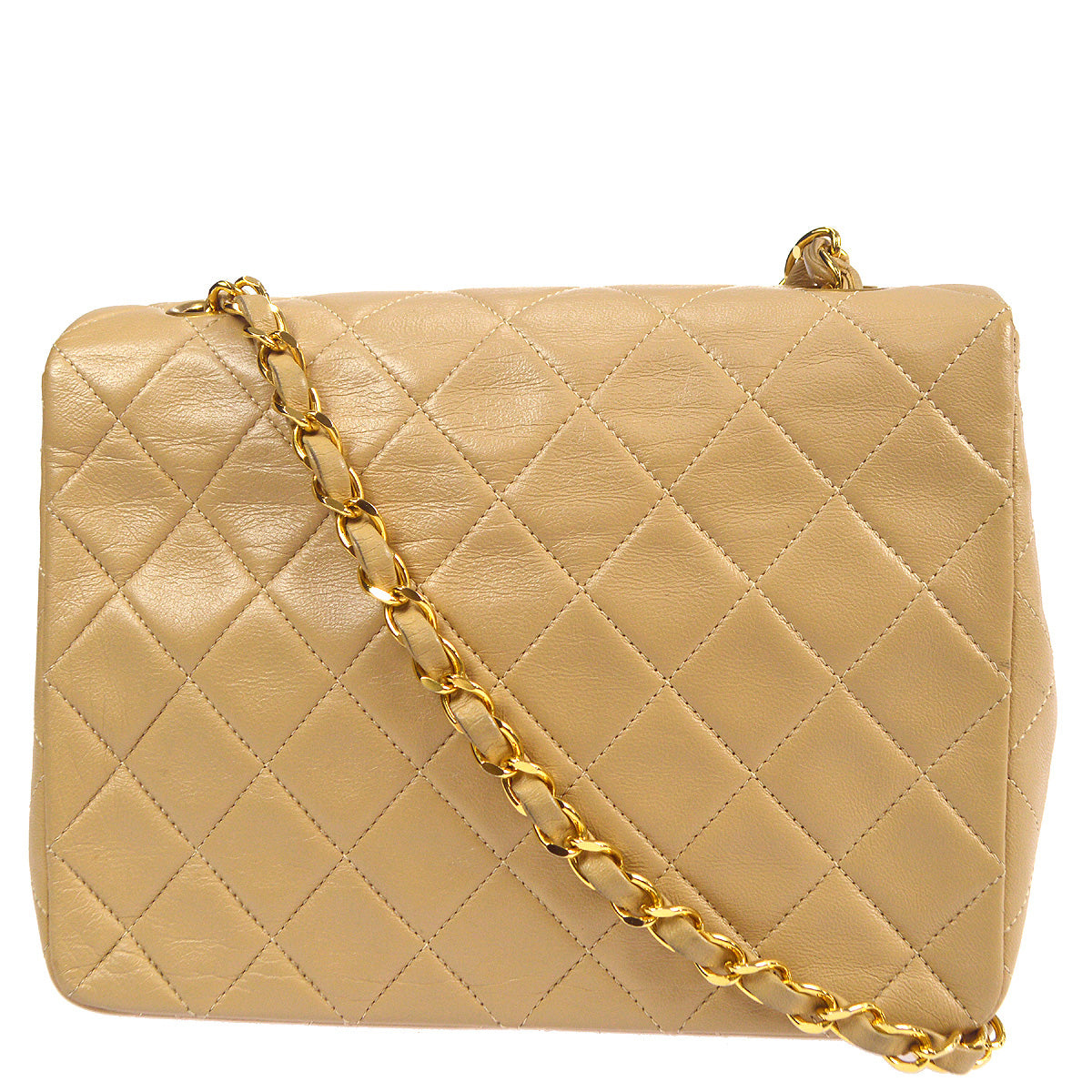 Luxury Chanel 1989-1991 Beige Lambskin Classic Square Flap Shoulder Bag 20