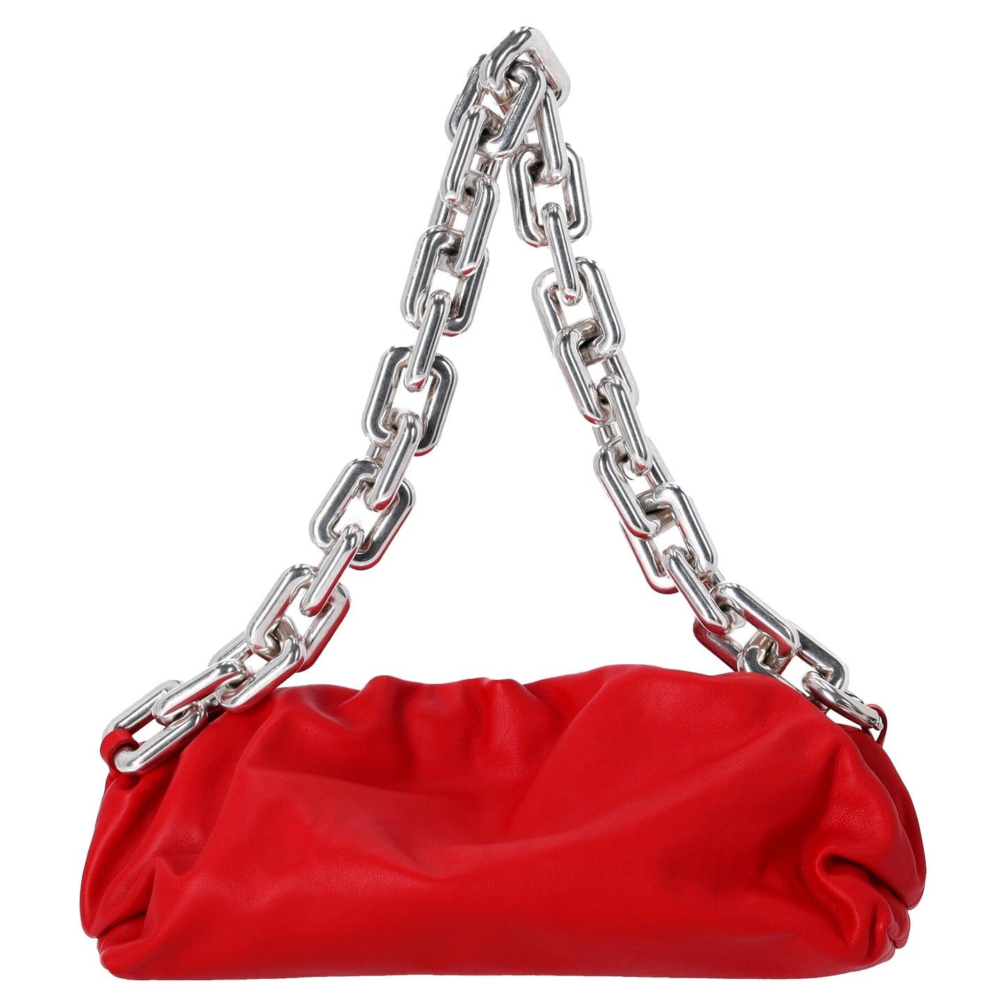 Luxury Bottega Veneta Chain Pouch Shoulder Bag in Red Calfskin Leather