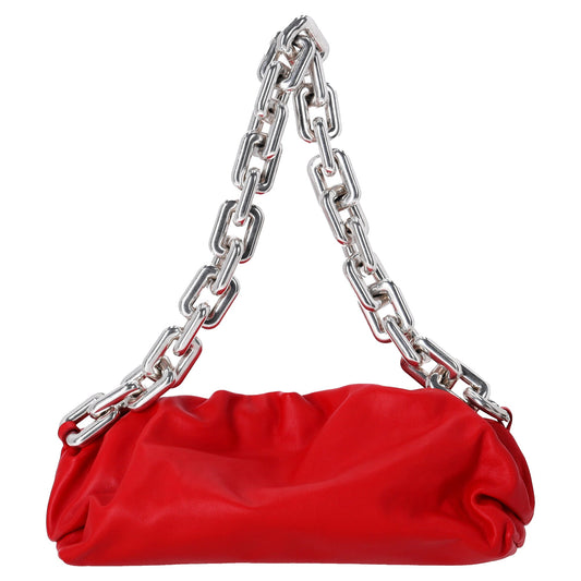 Luxury Bottega Veneta Chain Pouch Shoulder Bag in Red Calfskin Leather