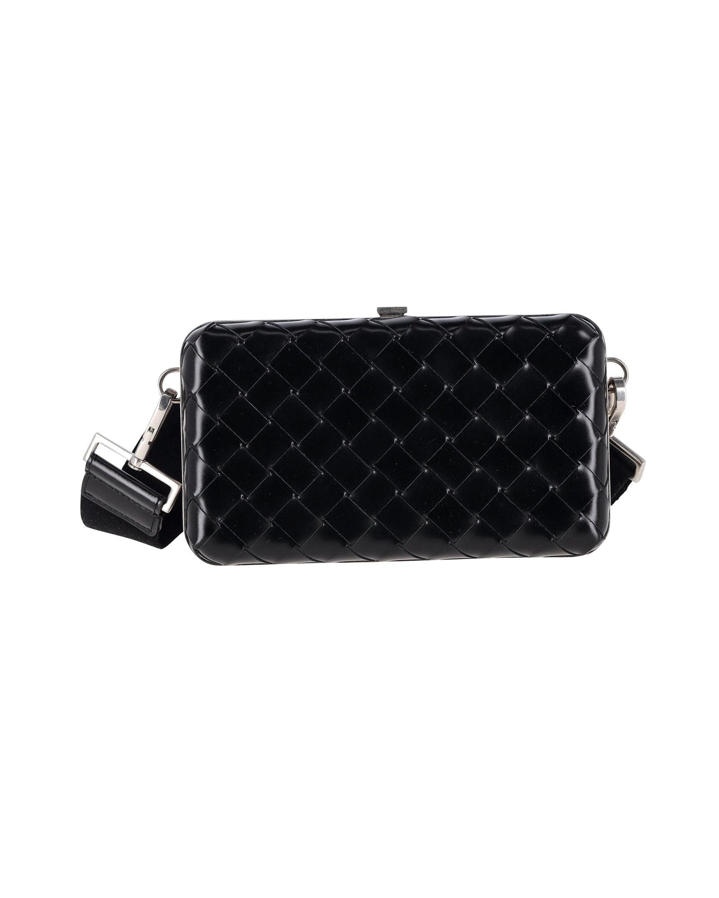 Luxury Bottega Veneta Intrecciato Weave Clutch Crossbody Bag in Black Leather