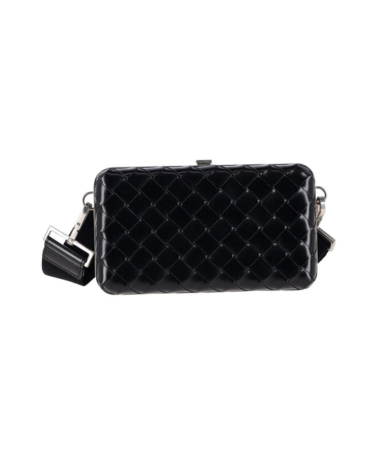 Luxury Bottega Veneta Intrecciato Weave Clutch Crossbody Bag in Black Leather
