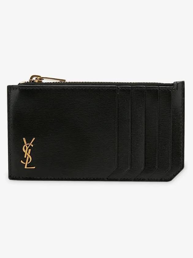 Luxury Saint Laurent Monogram Leather Gold Zipper Card Wallet Black
