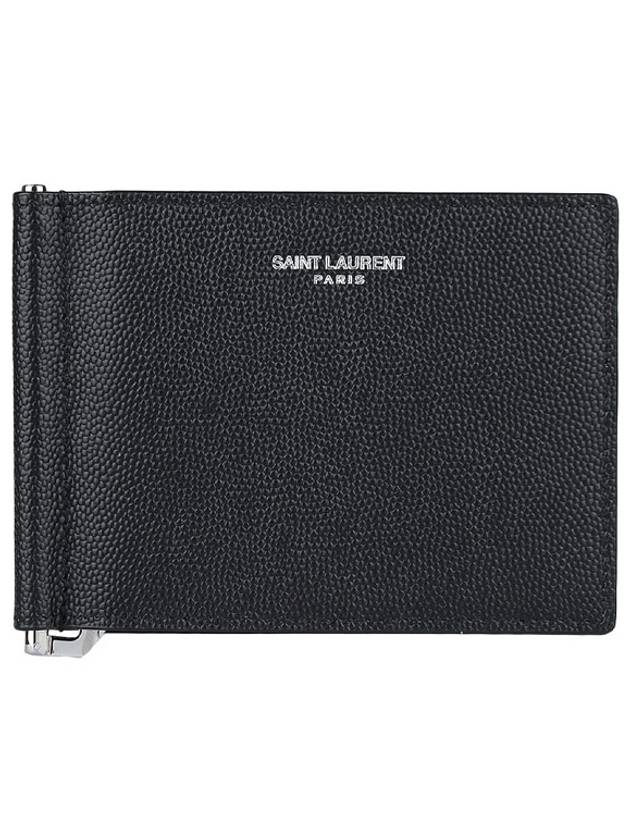 Luxury Saint Laurent Textured Classic Leather Money Clip Half Wallet Black