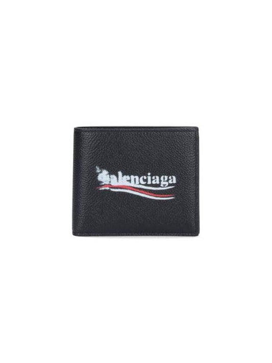 Luxury Balenciaga Logo Print Leather Half Wallet Black