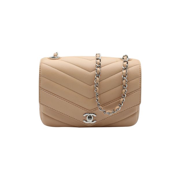Luxury Chanel Nude Chevron Flap Bag With Silver Hardware