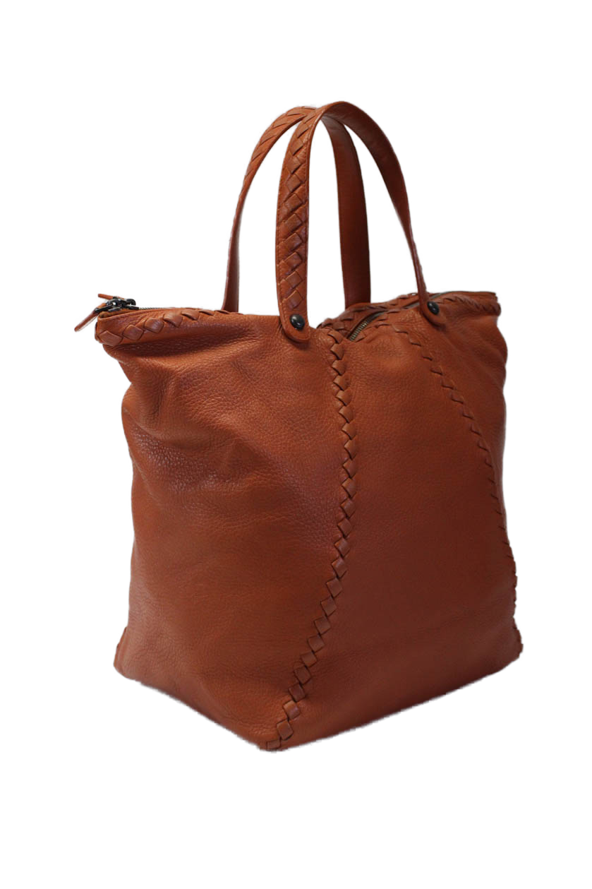 Luxury Bottega Veneta Womens Pumpkin Leather Cervo Ottone Tote Shoulder Bag Handbag