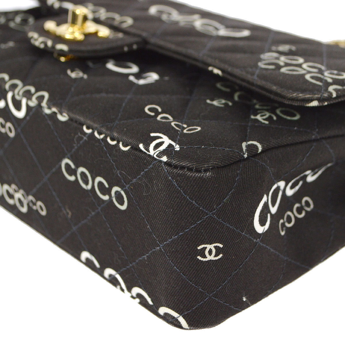 Luxury Chanel 2001-2003 COCO patterned Classic Double Flap Medium Black Canvas