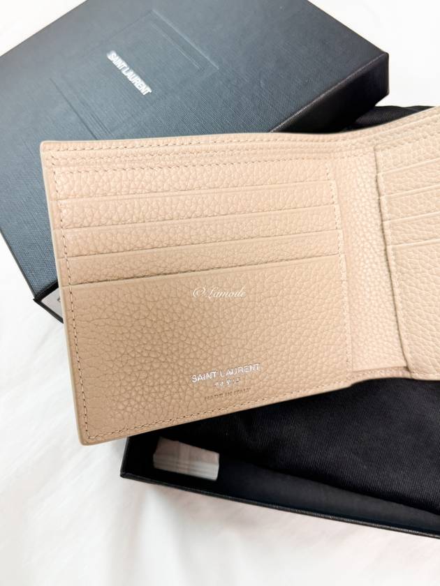 Luxury Saint Laurent Tiny Cassandre Logo Plaque Half Wallet Beige