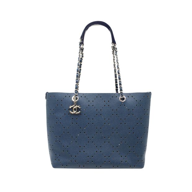 Luxury Chanel Blue Perforated Large Shopping Tote-Grained Calfskin Caviar Leather - Pouch