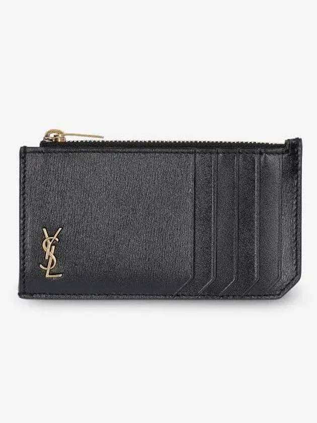Luxury Saint Laurent Monogram Leather Gold Zipper Card Wallet Black