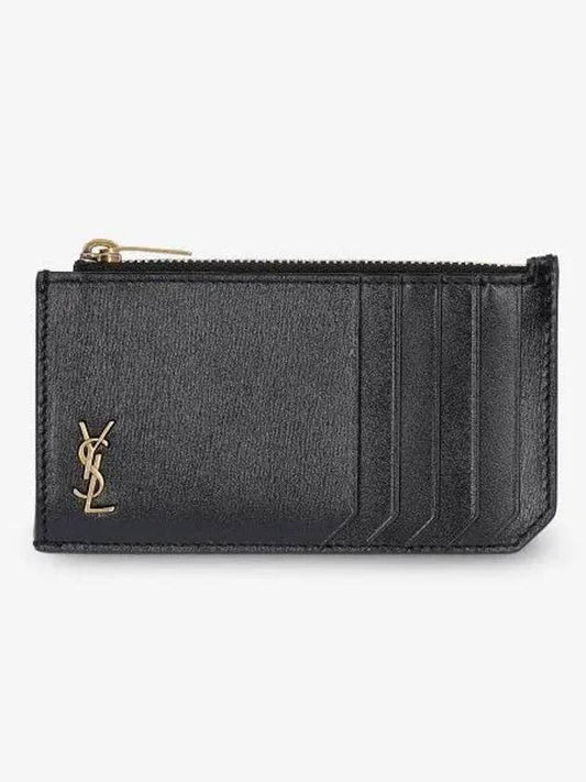 Luxury Saint Laurent Monogram Leather Gold Zipper Card Wallet Black