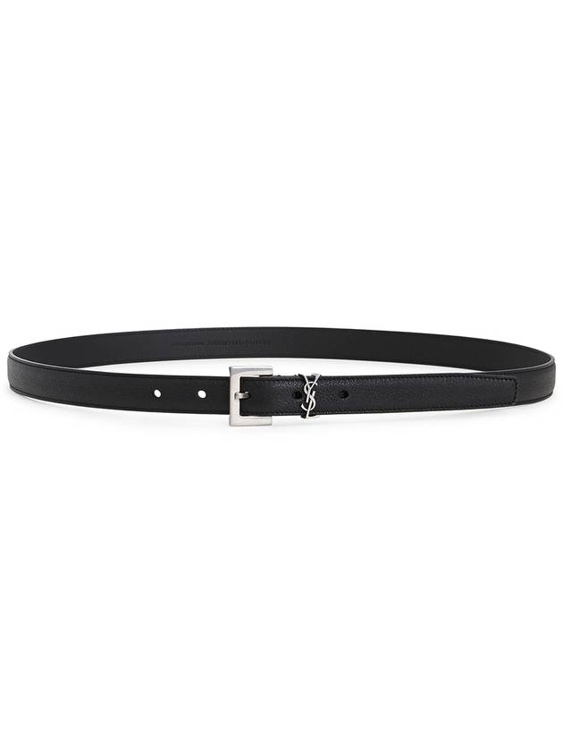 Luxury Saint Laurent Men's Monogram Silver Buckle Leather Belt Black