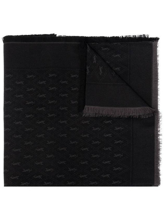 Luxury Saint Laurent Monogram Wool Jacquard Silk Cotton Muffler Black