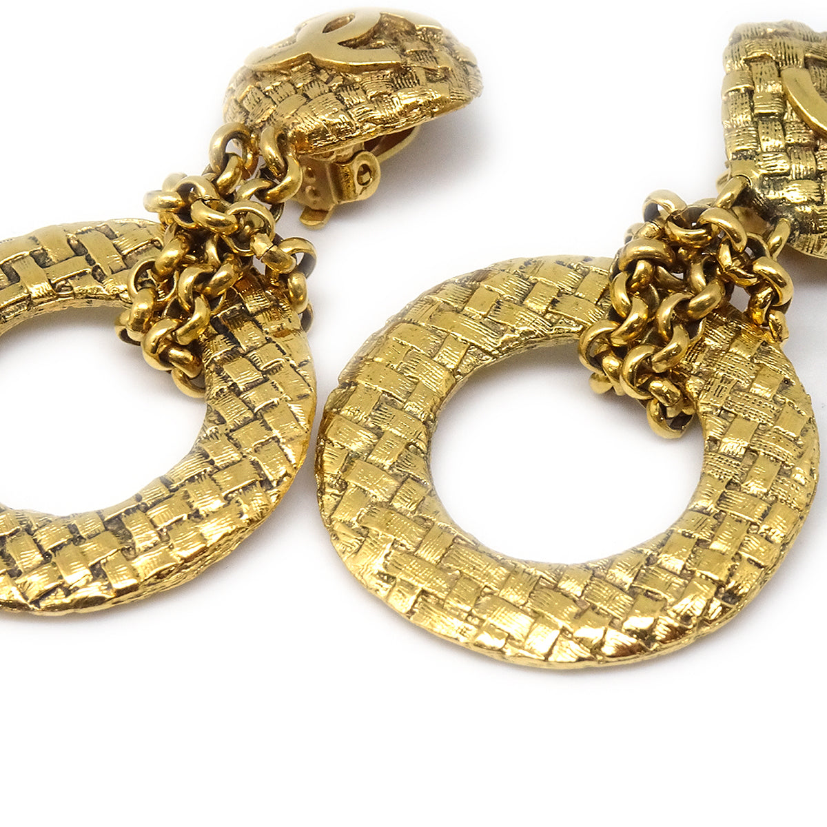 Luxury Chanel 1994 Woven CC Hoop Earrings Clip-On Gold 2881