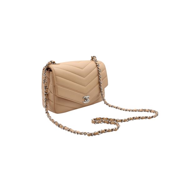 Luxury Chanel Nude Chevron Flap Bag With Silver Hardware