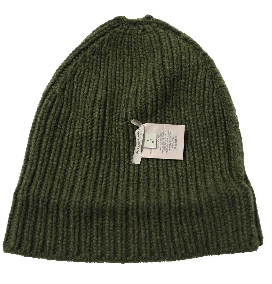 Luxury Bottega Veneta Ribbed Beanie in Green Cashmere