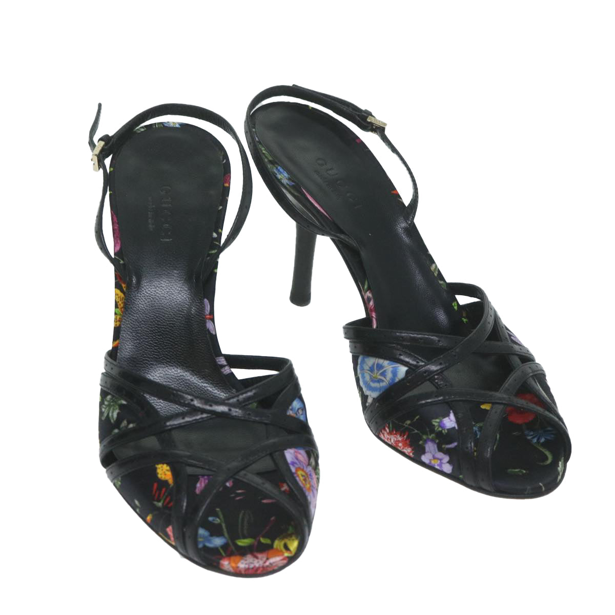 GUCCI Flower High Heels Satin 5.5B Black Multicolor  ac2587